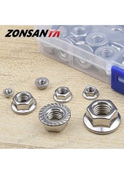 ZONSANTA160pcs حافة سداسية الأشكال المكسرات M3 M4 M5 M6 M8 M10 M12 304 الفولاذ المقاوم للصدأ العالمي Locknuts مجموعة تشكيلة كيت DIN6923