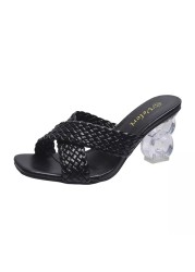 2022 summer new woven high heel crystal square toe fashion ladies sandals beach slippers casual women's shoes