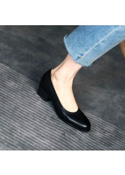 Med Square High Heels Women 2022 New Real Cow Leather Spring Round Toe Girl Black Work Pumps Shoes For Woman A0005