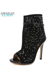 Sexy Buckle Strap Rhinestone Heels Ladies Brand Design Gladiator Crystal Sequin Pumps Stiletto High Heel Sandals Banquet