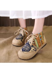 Embroidered Women Shoes Boho Cotton Linen Single Canvas National Woven Round Toe Lace Up Cloth Shoes Woman Flats Size 35-40