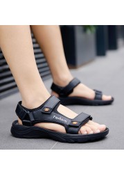 Black Leather Sandals for Men Non-slip Outdoor Walking Walking Fashion Man Plus Size 39-46 Gladiator Rubber Shoes 2022 Summer New