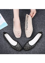 Women Transparent Lace Soft Flats Ladies Square Toe Sexy Black Boat Shoes Summer Breathable Beige Non-slip Flat Shoes 35-40