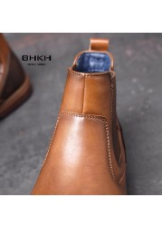 BHKH 2022 Men Chelsea Boots New Winter Men Boots Soft Leather Elastic Strap Ankle Boots Smart Formal Business Dress Shoes Man S