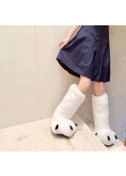 Women Creative Cute Plush Bear Paw White Long Tube Cotton Shoes Couple Indoor Winter Home Warm Cartoon Non-slip Fuzzy Slippers