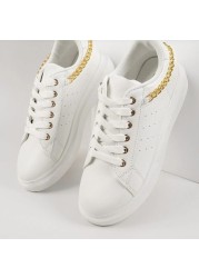 2021 autumn new sneakers women round head thick bottom front lace up big metal chain white single shoes