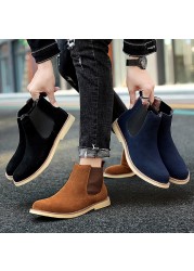 Chelsea Mens Boots 2021 Winter Fur Warm Ankle Blue Slip On Boots High Quality Genuine Leather Man Leisure Boots Male Botas