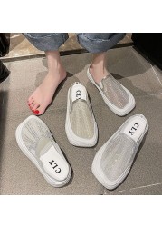 Rimocy Crystal Breathable Mesh Mules Shoes Women Summer Comfort Soft Bottom Platform Shoes Woman Square Toe Non-slip Beach Shoe