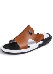 2020 sandals men summer slippers fashion peep toe pu flip flops male outdoor shoes non-slip flat beach slides plus size 38-46