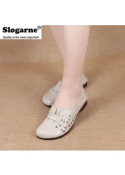 Women's spring summer new single shoes retro soft sole woman shallow flats hollow leather shoes plus size wedges low heels