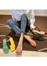 Yellow Green Summer Women Square Toe Sandals Ladies Snake Print Strappy Mules 6cm High Heels Slippers Female Fashion Women Shoes