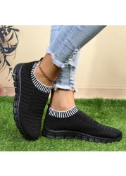 Rimocy Yellow Stripe Knitted Socks Sneakers Women Spring Summer Slip On Flat Shoes Woman Plus Size Mesh Breathable Running Shoes