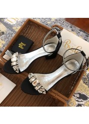 Women Sandals Rhinestones Sparkly Wedding Shoes Satin Daily Work High Heels Ankle Strap Black Sandalias Summer