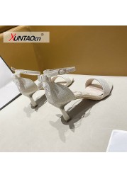 Flock Beige High Heels Sandals for Women 2020 Summer Shoes Women Fashion Open Toe Buckle Casual Sandals Square Heel Women's Shoes