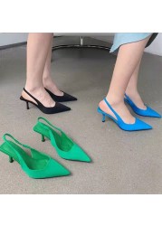 Lucyember 2022 Solid Color High Heels Pumps Women Spring Summer Pointed Toe Slingback Shoes Women Thin Heel Mules Sandals Ladies