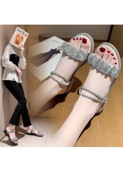 2021 New Low Heels Versatile High Heels Women Square Heel Single Line Roman Shoes Rhinestone Sandals Gladiator Slippers