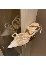 Rimocy Sexy White Lace Ankle Strap Pumps Women Pointed Toe Pearl Bowknot Wedding Shoes Woman 2022 Summer Thin High Heels Sandals