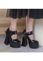 CONASCO Punk Women Thick High Heel Pumps Party Buckles Night Club Prom Shoes Woman Genuine Leather Pumps