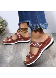 Rimocy Summer Outdoor Platform Beach Slippers Women PU Leather Striped Wedges Sandals Woman Fashion Thick Sole Non-slip Slides