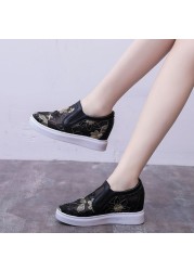 Women's shoes spring and summer new hidden heel white shoes slip-on hollow out embroidery breathable lazybone casual lady shoes