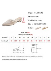 Lucifer Fashion Pointed Toe Pearl Slippers Women 2022 Summer Thick Heels Mules Shoes Woman PU Leather Outdoor Slippers Female