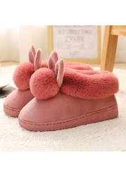 Autumn Winter Cotton Slippers Rabbit Fur Home Warm Thick Bottom Indoor Cotton Shoes Women Slippers Cute Fluffy Cat Slippers