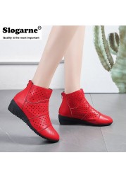 Women's hollow ankle boots female spring shoes 4.5cm medium heel wedges soft leather invisible height increasing short boots