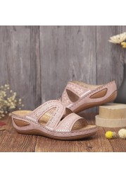 2022 Summer Women's Wedge Sandals Open Toe Retro Leather Sandals Casual Women's Shoes Thick Sole Retro