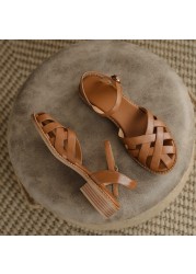 Real Leather Weave Gladiator Women Sandals Square Heels Buckle Strap Sandals for Women 2022 Hollow Out Summer Ladies Footwear