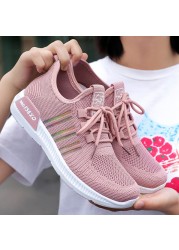 Women's sports shoes flying woven lightweight soft sole lace-up casual mesh shoes breathable shoes