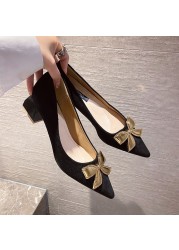 Rimocy Fashion Gold Bowknot Women Pumps Pointed Toe Thick Heels Office Shoes Woman 2022 Spring Comfortable Shallow Ladies Pumps