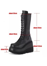 Women platform heels motorcycle shoes woman plus size long tube martin boots waterproof wedge patent leather thigh high boots