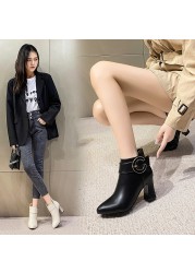 Women High Heels Short Boots Female Spring Autumn Ankle Boots Side Zippers Woman Soft Leather Shoes Waterproof Pumps Thick Heel