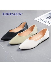 Spring Women Flats Black Pointed Toe Ballet Flats Shallow Boat Shoes Woman Flock Casual Shoes Female Loafers Apricot Pink