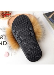 Women Summer New Synthetic Fox Fur Slippers Indoor Home Furry Cute Faux Raccoon Fur Non-slip Outdoor Home Shoes Beach Sandals