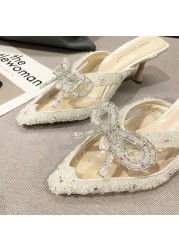 Rimocy Luxury Crystal Bowknot Slippers Women 2022 Summer Sexy Pointed Toe Thin High Heels Sandals Woman Rhinestone Party Shoes