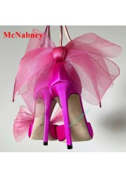 Mesh Butterfly Knot Women's Sandals Pointed Toe Solid Satin Ankle Straps Thin High Heels Sexy Women Shoes Designer Summer Sandals