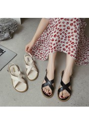 2021 Summer Women Classic Back Flight Strap Platform Rome Sandals Ladies Daily Peep Toe Beige Leather Flat Shoes Size 35-40