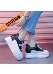 Women Breathable Sneakers Increase Platform Shoes 8cm Casual Shoes Leisure Leather White Shoes Women Vulcanize Shoes 2022