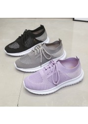 2022 Women Mesh Lace-up Sneakers Female Summer Vulcanized Mesh Breathable Sneakers Ladies New Flats Shoes Plus Size 43