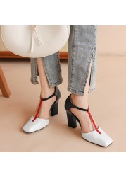 FEDONAS Women Pumps Spring Summer Fashion Mixed Colors T-strap Genuine Leather Square Toe High Heels Woman Party Office Shoes