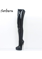 Sorbern Unisex Crotch Thigh High Boots 18cm Metal High Heel Long Boot Shoes Ladies Platform Spike Hard Walking Boot Pointy Toes