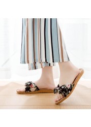 Women Summer Beach Slippers Female Breathable Floral Bow Linen Slippers Sandals Woman Non-slip Flats Female Flip Flop Fashion