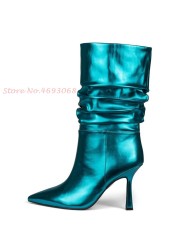 Metallic Leather Mid-Calf Boots Pleated Thin Heels Women Sexy Slip-On Pointed Toe Modern Boots 2022 Spring British Style Boots