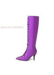 Purple Pointy Heels Knee High Boots Women Med Heels Spring Plus Size Satin Long Lace-up Boots Sexy Thin Heel Cross-tied 2022 Boots