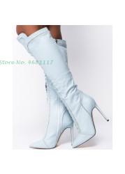 Light Blue Knee High Boots Lace-up Chic Pointed Toe Leather Splicing Long Boots Sweet Thin Heels Fashion Women Shoes Spring 2022