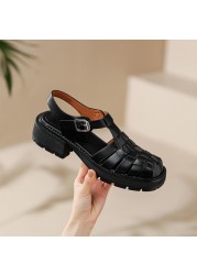 2022 women summer sandals retro roma weave genuine leather thick heels work casual shoes woman pumps gladiator shoes