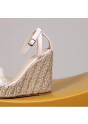 REAVE CAT 2022 Women Sandals Espadrilles Peep Toe Wedges Heel Lace Pleated Buckle Strap Big Size 30-48 Pink White Summer S3615