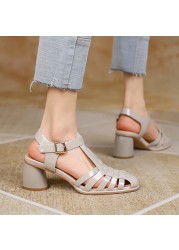 MEMUNIA 2022 new patent leather sandals woman round high heel shoes solid summer comfortable ladies rome shoes