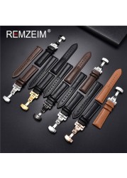 Rimzm Soft Calfskin Leather Watches 18mm 20mm 22mm 24mm Straps Automatic Butterfly Clasp Watch Accessories With Box